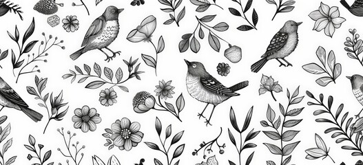  Whimsical Floral Bird Print for Wallpaper or Fabric Decor
