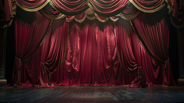 Rich burgundy curtains adorn a theater stage, creating a dramatic backdrop for artistic performances. The textured fabric adds depth and texture to the scene.