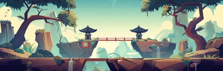 Serene Asian Landscape. Bridge Connecting Cliffs in a Stylized Illustration, Ideal for Gaming Backgrounds or Fantasy Settings