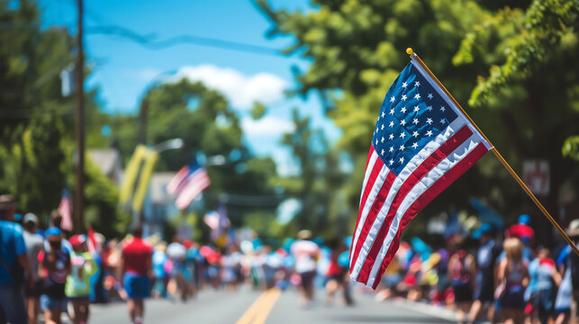 American Independence day street parade with the american flag.