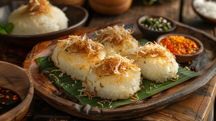 'Khanom Ka Nom Pang Jee,' toasted rice cakes topped with shredded coconut and sugar, served on a wooden platter with a rustic setting