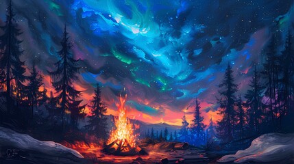 Fototapeta premium A cozy campfire with the vibrant colors of the northern lights in a starring night sky above a forest landscape