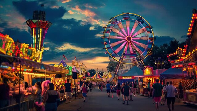 Slow motion video of a Lively Carnival Scene at Dusk with Colorful Lights and Rides
