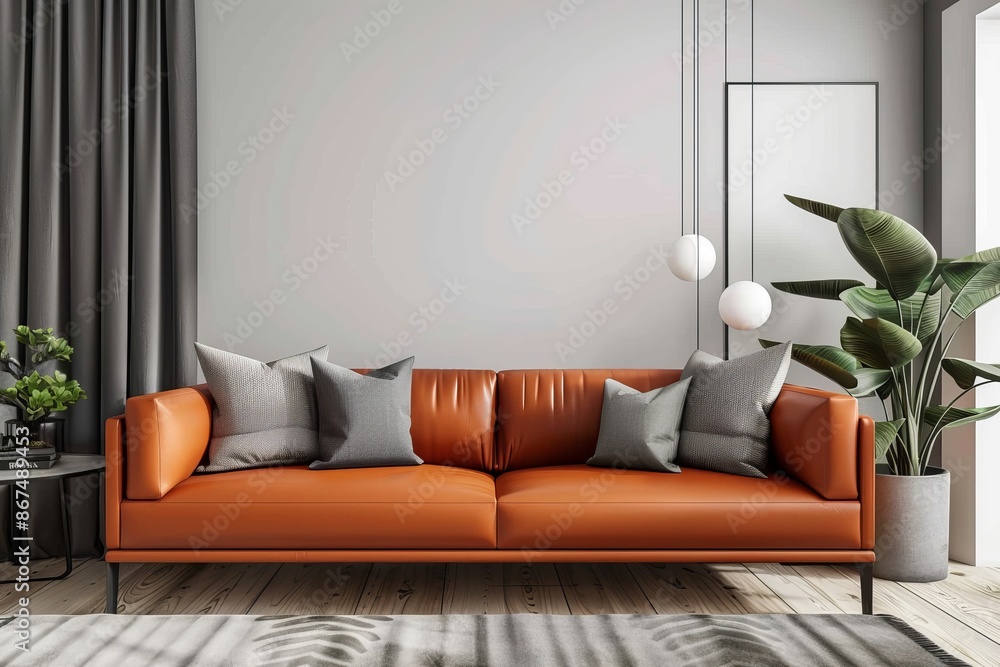 Sticker Contemporary living room design featuring an orange leather sofa with grey cushions, perfect as a background or wallpaper