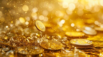 Digital Bitcoin Cryptocurrency Splashing Amongst Golden Liquid Wealth