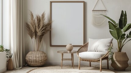 Poster frame mock-up in home interior background with commode and decor in living room