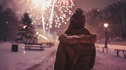 A woman stands in awe, watching New Year fireworks light up the snowy park, her back turned to the camera, capturing the excitement and wonder