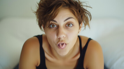 Young European woman posing playfully on a sofa for a photoshoot, sticking out her tongue and rolling her eyes.