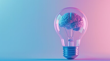 Abstract representation of brainstorming and creativity with a brain inside a transparent light bulb, against a soothing blue and pink pastel background. Copy space available for custom text