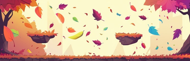 Colorful cartoon autumn forest background with falling leaves. Beautiful fall landscape with trees and floating platforms.