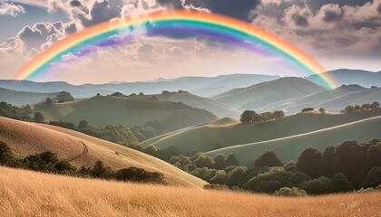 Obraz premium Prismatic rainbows arching over rolling hills.