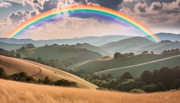 Prismatic rainbows arching over rolling hills.