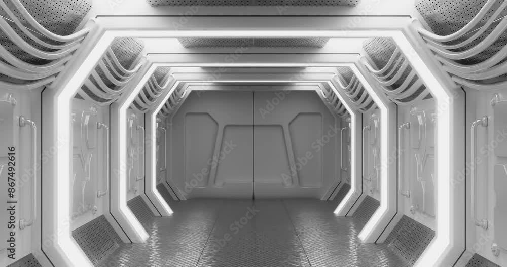 Poster 4k resolution video: opening door with green screen at the end of sci-fi hallway of spaceship