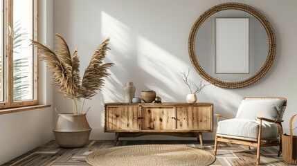 Poster frame mock-up in home interior background with commode and decor in living room