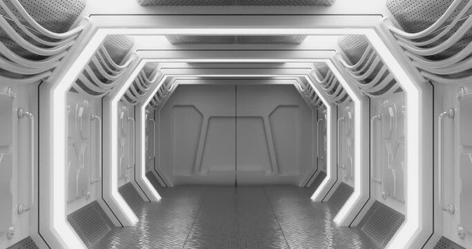 4k Resolution Video: Opening Door with Green Screen at the End of Sci-Fi Hallway of Spaceship