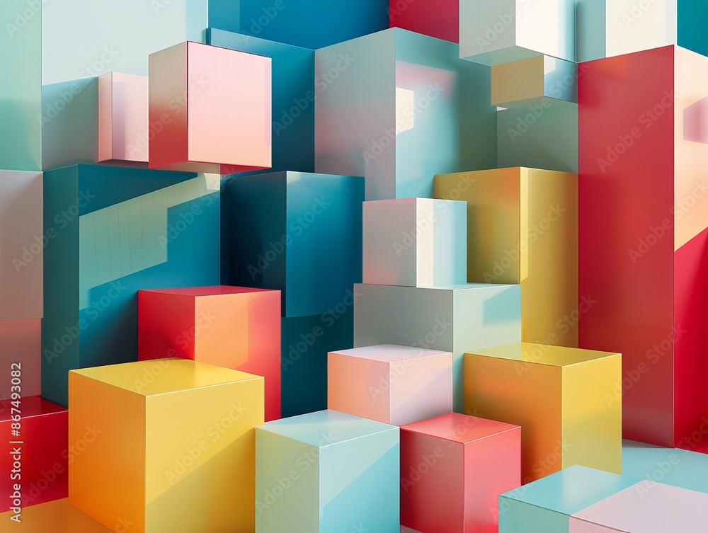 Sticker Vibrant three-dimensional geometric blocks in various colors create an abstract wallpaper and a visually engaging background