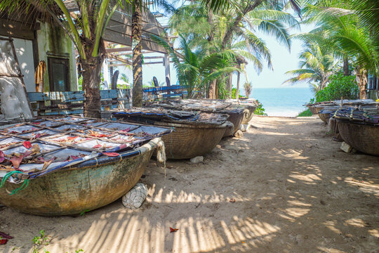 Hoi An, Vietnam - 5 Feb, 2024: Traditional Vietnamese fishing boats in An Bang Beach, Hoi An
