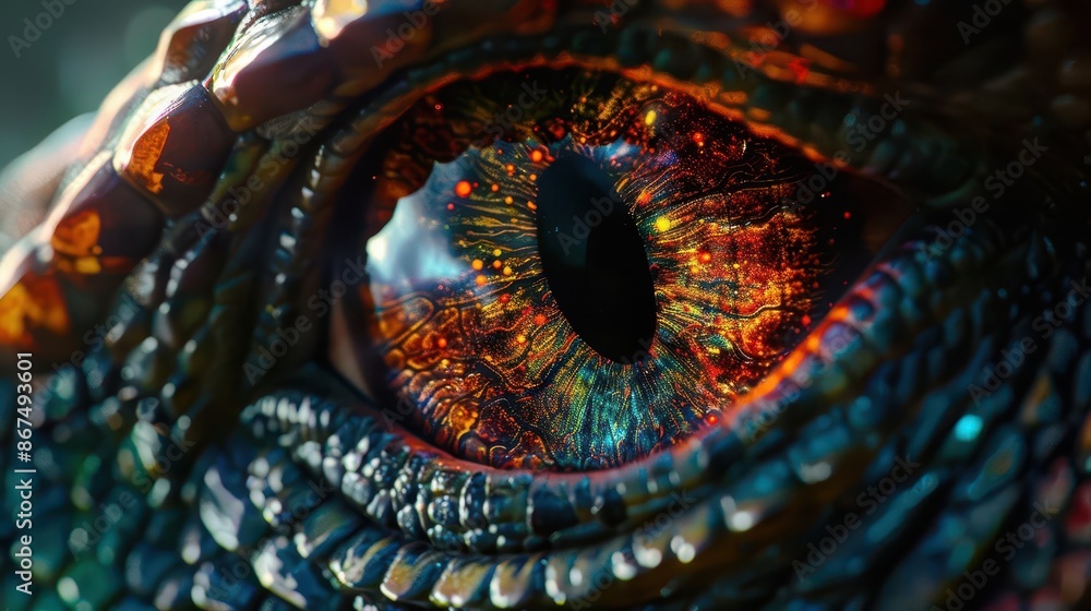 Poster hyperrealistic closeup of a genetically modified dinosaur eye with bioluminescent patterns and refle