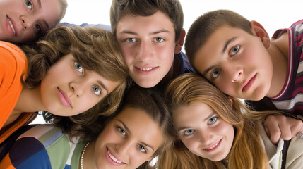 Obraz premium Group of six smiling teenagers huddled closely together, displaying friendship and happiness in a bright, cheerful setting.