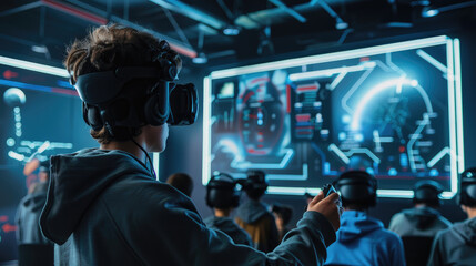 Virtual reality educational classroom with students exploring ancient civilizations in an immersive 3D environment