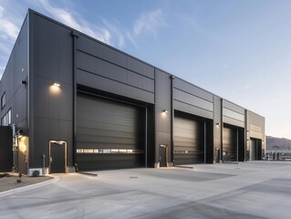 Obraz premium imposing industrial warehouse with sleek steel exterior and massive rollup doors clean lines and minimalist design emphasize functionality and durability