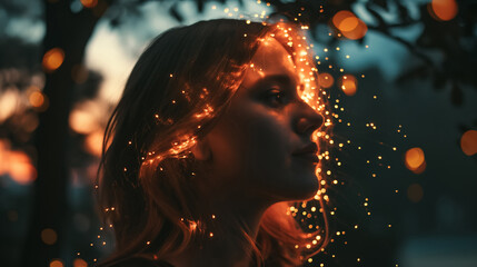 Woman's face illuminated by golden fairy lights, creating a dreamy and magical atmosphere against a dark, outdoor background.