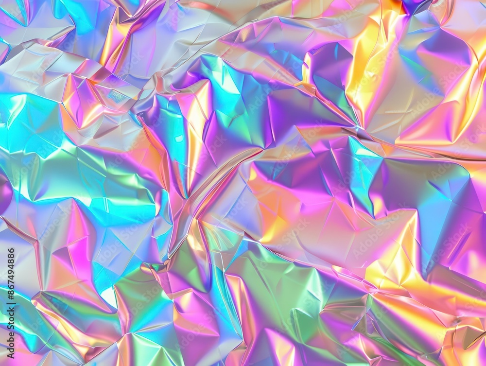 Poster iridescent holographic fantasy seamless pattern of crumpled chrome foil with rainbow prism effects c