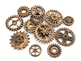 intricately detailed antique brass gears and cogs rich patina varied sizes isolated on crisp white background steampunk aesthetic nostalgic craftsmanship mechanical complexity