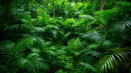 Dense, lush green tropical foliage creating a thick, vibrant jungle scene, filled with various types of leaves and plants.