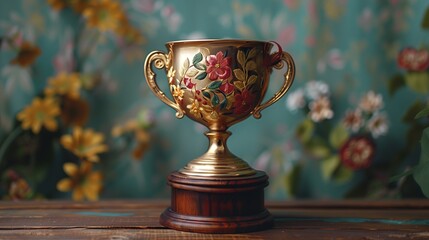 Gold trophy cup with floral design on a wooden base against a flower-patterned background