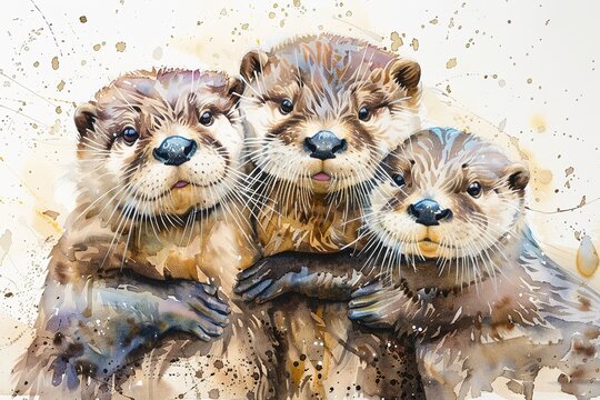 Playful and curious family of otters in whimsical watercolor painting with distinctive whiskers, round ears, and webbed paws, captured with prime lens and natural light to create a warm