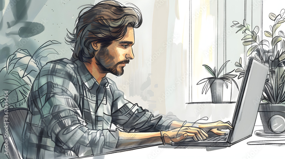 Sticker in this hand drawn style modern design illustration, a handsome young man is seen in an office worki