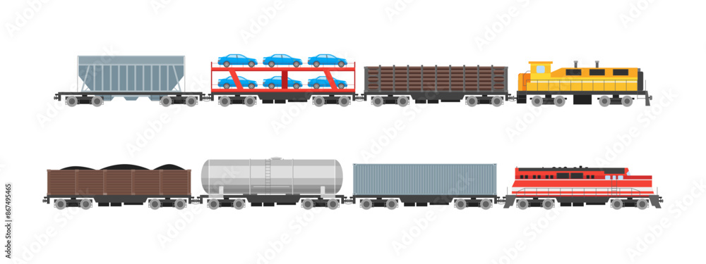 Aufkleber cartoon color railroad engine with different types of wagons set concept flat design style. vector i