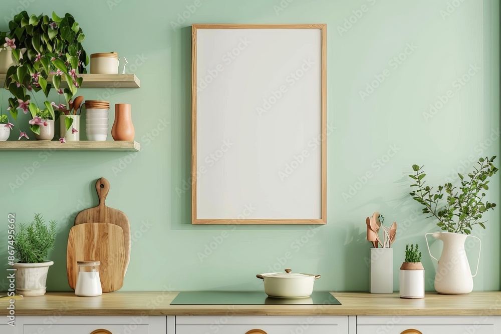 Poster A tasteful kitchen interior featuring a mockup frame, providing an excellent background or wallpaper for home decor themes