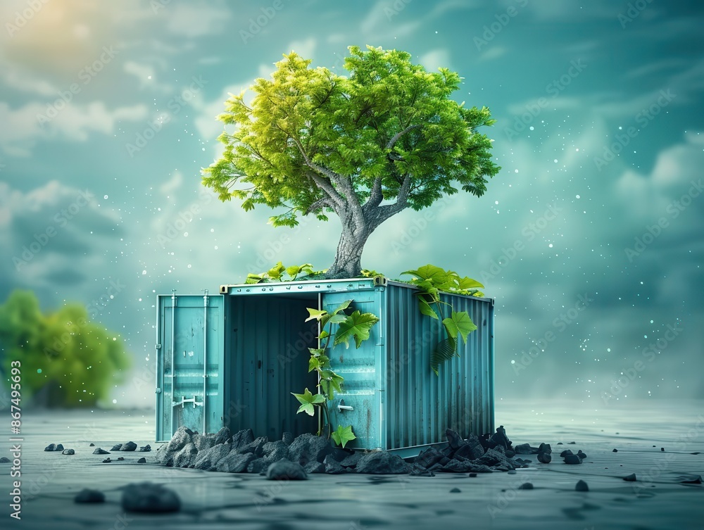 Aufkleber lush green tree sprouting from open cargo container symbolizing ecofriendly shipping practices digit