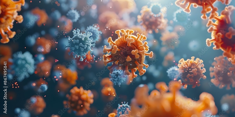 Poster 3d visualization showing virus breaking down molecular structure into identifiable parts. concept sc