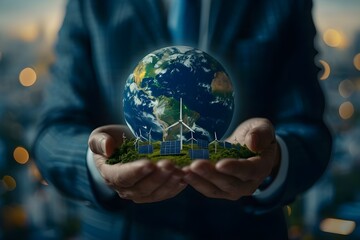hand holding earth with solar panels, wind turbines, and a power line in his hands