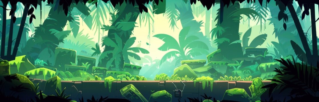 Cartoon illustration of jungle landscape with lush green foliage and ancient ruins. Background for a mobile or video game