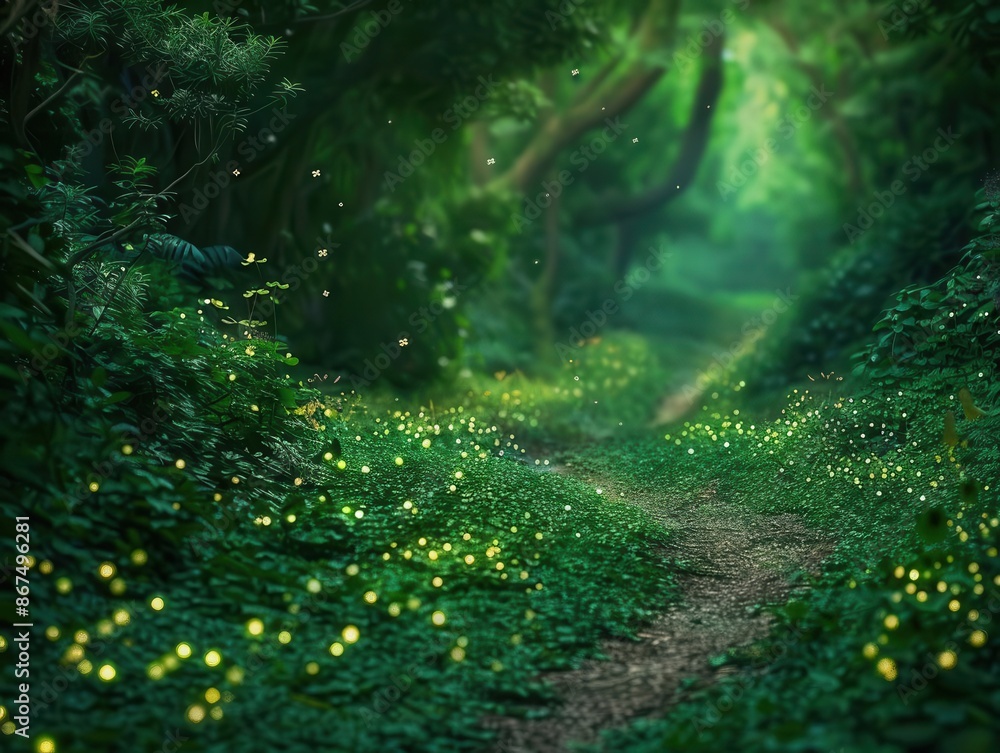 Poster magical irish landscape where shamrocks transform into glowing fireflies illuminating an enchanted f