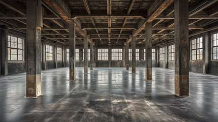 Fototapeta premium Spacious empty industrial loft with large windows and exposed wooden beams, creating an open and airy atmosphere.
