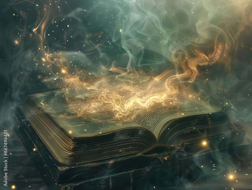 Poster magical tendrils of light and ethereal mist emerge from an ancient leatherbound book glowing symbols