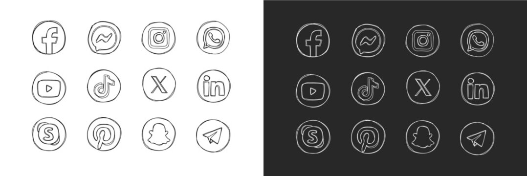 Doodle Social Media Logos. Hand drawn Instagram, Facebook, Snapchat, X, Tik Tok, LinkedIn, YouTube, Telegram, 