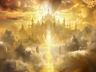 Fototapeta premium majestic new jerusalem descending from heavens pearly gates streets of gold divine light