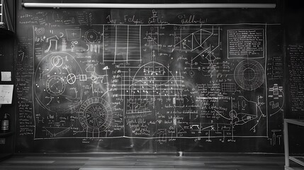 A chalkboard filled with mathematical equations and diagrams