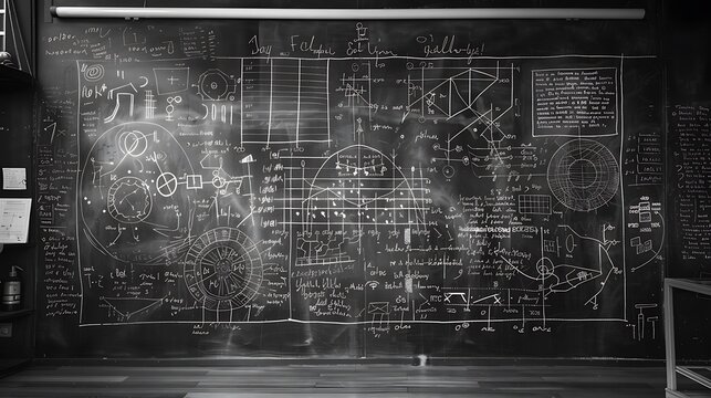 A chalkboard filled with mathematical equations and diagrams