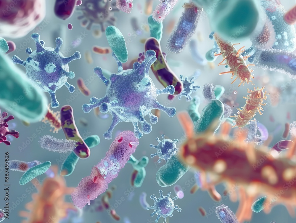 Aufkleber microscopic view of varied bacteria and viruses floating against light background 3d rendering highl