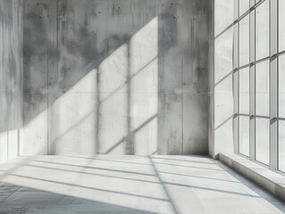 Fototapeta premium minimalist concrete room with smooth grey walls and floor dramatic shadows cast by unseen window soft diffused light creating serene atmosphere