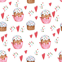 Seamless watercolor background on the Easter theme. Hand drawn background with easter pastries and hearts
