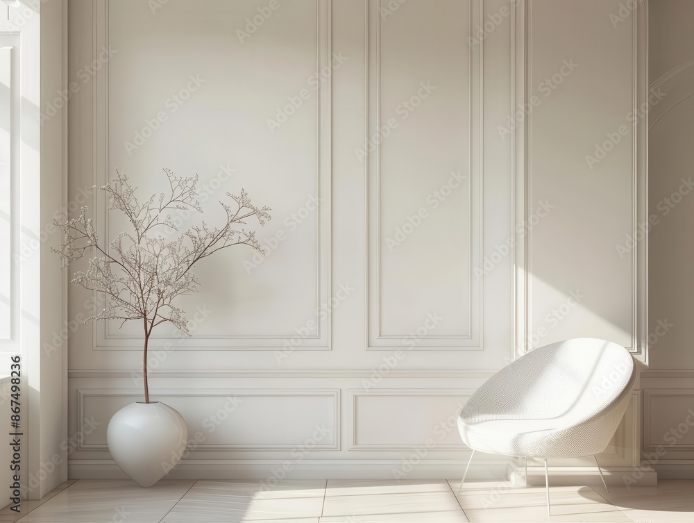 Aufkleber minimalistic white room interior bathed in soft window light creating a serene and spacious atmosphe