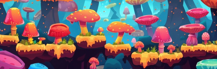 Whimsical Fantasy Mushroom Landscape. Colorful Illustration for Kids
